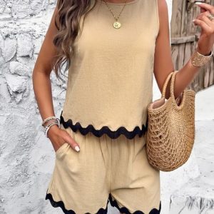 Women Color Block Crew Neck Sleeveless Comfy Casual Top With Pants Two-Piece Set, Sets, color:Apricot|size:XL, catalog Noracora shop