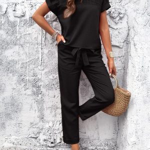 Women Plain Crew Neck Short Sleeve Comfy Casual Top With Pants Two-Piece Set, Sets, color:Black|size:XL, catalog Noracora shop