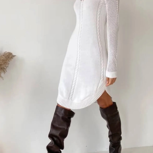High Elasticity Turtleneck Regular Fit Long Sleeve Elegant Plain Sweater Short Dress, Midi Dresses, color:White|size:XXL, Stylewe