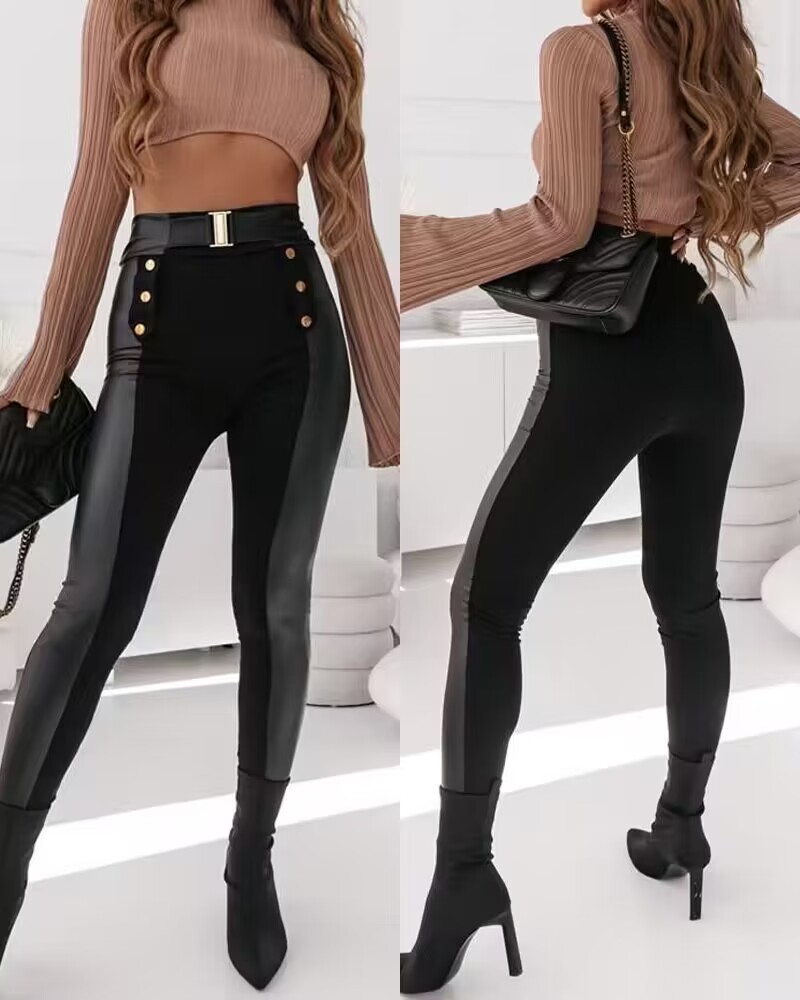PU Leather Buttoned High Waist Pants, Pants, chicme - Women's Fashion Online