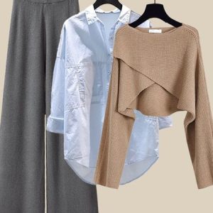 Women Plain Crew Neck Long Sleeve Comfy Casual Top With Pants Matching Outfit, Sets, color:Color16|size:L, Noracora