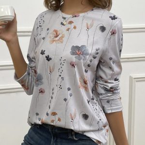 Country Floral Casual Crewneck Knit T-Shirt, Long sleeves, Lilicloth.com