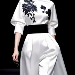 Stand Collar Floral Regular Fit Elegant Shirt, Blouses and Shirts, color:White|size:XXL, Stylewe
