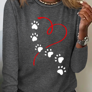 Women's Love Dog Paw Print Long Sleeve Crew Neck T-Shirt, JustFashionNow Shirts, color:Gray|size:3XL,