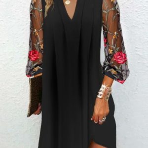 Floral Embroidery Mesh Patch Ruched Casual Dress, women Casual Dresses, ChicMe catalog