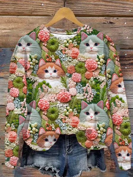 Cat Loose Crew Neck Casual Sweatshirt, Hoodies&Sweatshirts, Lilicloth.com