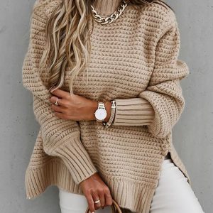 Long Sleeve Mock Neck Split Hem Sweater, Sweaters & Cardigans, chicme - Women's Fashion Online
