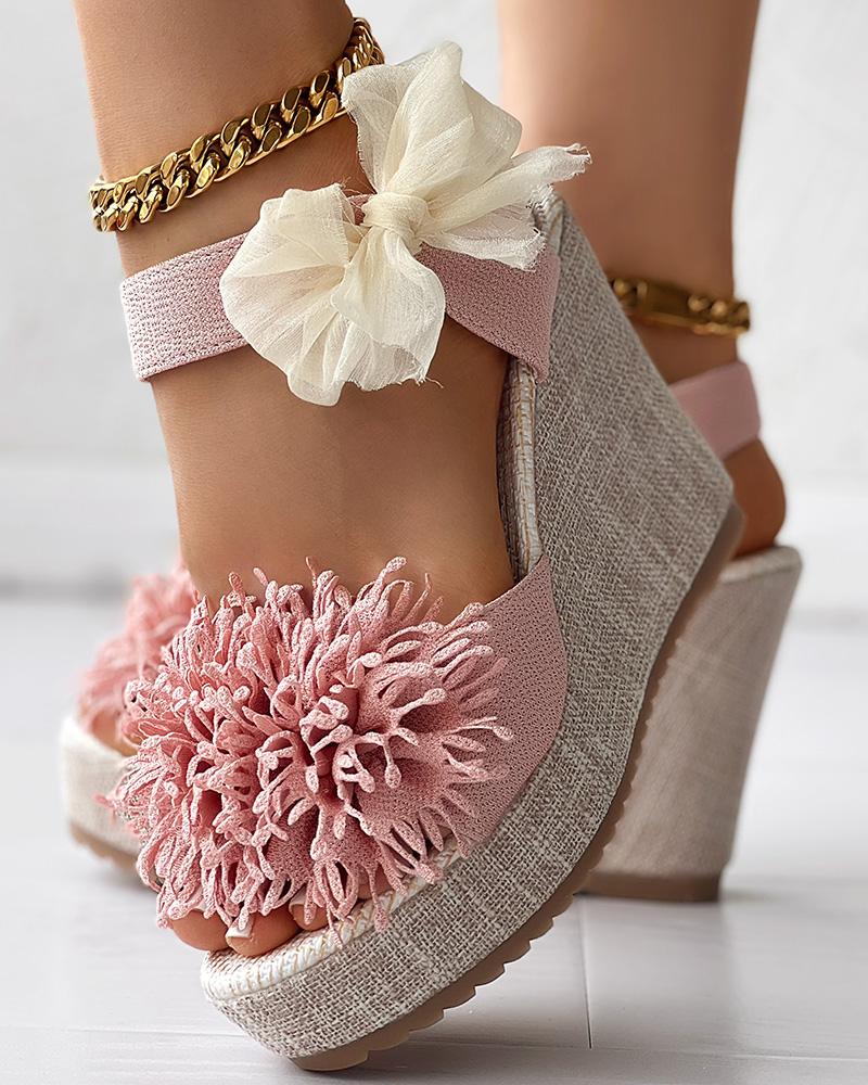 Floral Pattern Bowknot Decor Platform Wedge Sandals, Wedges Shoes, chicme - Women's Fashion Online