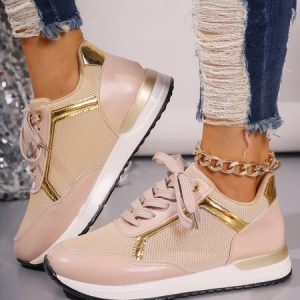 Casual Color Block Breathable Lace-Up Flat Heel Fly Woven Sneakers Split Joint, Sneakers&Athletic, color:Pink|size:43, Noracora