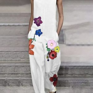 V Neck Floral Urban Regular Fit Jumpsuit, Jumpsuits, color:White|size:XXL, Stylewe