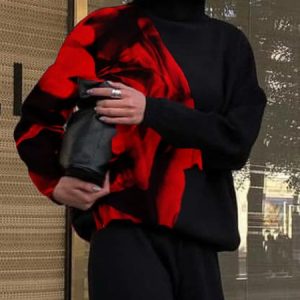Turtleneck Floral Urban Loosen Long Sleeve Sweatshirt, Hoodies and Sweatshirts, color:Black-red|size:XXL, Stylewe