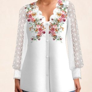 Lace Collar Long Sleeve Floral Buckle Regular Loose Blouse For Women, Blouses, color:White|size:XXL, Noracora