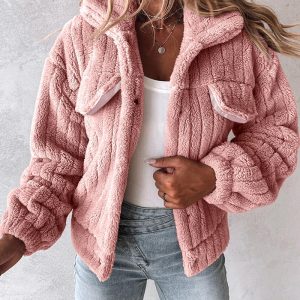 Turn-down Collar Button Front Flap Detail Teddy Jacket Casual Textured Striped Warm Coat, women Jackets & Coats, ChicMe catalog