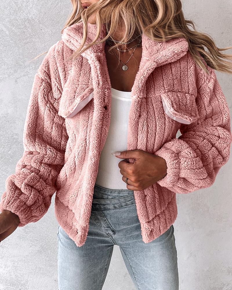 Turn-down Collar Button Front Flap Detail Teddy Jacket Casual Textured Striped Warm Coat, women Jackets & Coats, ChicMe catalog