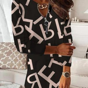 Women Geometric V Neck Long Sleeve Comfy Casual Zipper Short Dress, Dresses, color:Color4|size:XXL, Noracora