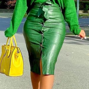 Urban Tight Plain Midi Skirt, Skirts, color:Green|size:XXL, Stylewe