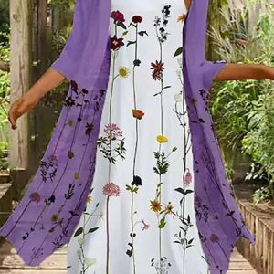 Loose   Sleeveless woven fresh print dress, built-in, single-wear, back zipper, no coat., Midi, color:White|size:XXL, Noracora