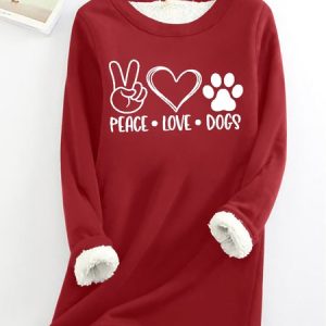 Women Funny Peace Love Dogs Crew Neck Warmth Fleece Sweatshirt, Hoodies&Sweatshirts, Lilicloth.com