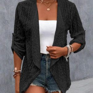 Eyelet Embroidery Roll Up Sleeve Open Front Coat, Jackets & Coats, chicme - Women's Fashion Online