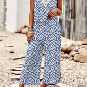 Women Ethnic V Neck Sleeveless Comfy Casual Top With Pants Two-Piece Set, Sets, color:Blue|size:XXL, Noracora