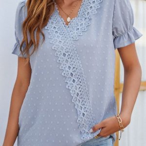 V Neck Short Sleeve Plain Lace Regular Loose Shirt For Women, Blouses, color:Blue|size:XXL, Noracora