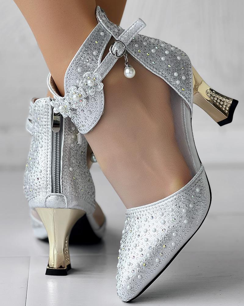 Beaded Rhinestone Mesh Patchwork Pyramid Heel Ankle Boots, Boots, chicme - Women's Fashion Online