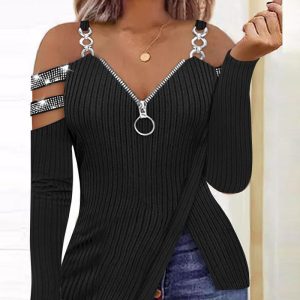 Cold Shoulder Chain Decor Rhinestone Top, T-shirt & Tees, chicme - Women's Fashion Online
