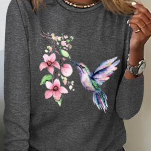 Women's Hummingbird Watercolor Nature Bird Lover Crew Neck Cotton-Blend Casual Long Sleeve Shirt, Long sleeves, Lilicloth.com