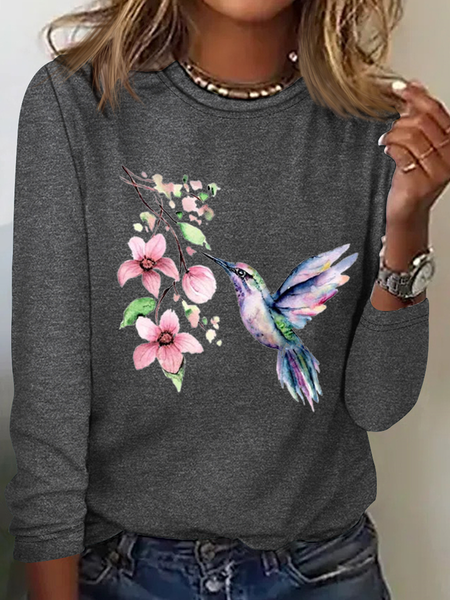 Women's Hummingbird Watercolor Nature Bird Lover Crew Neck Cotton-Blend Casual Long Sleeve Shirt, Long sleeves, Lilicloth.com