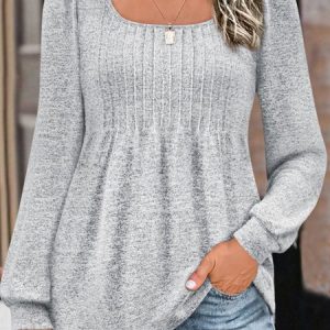 Casual Loose Plain Square Neck Long Sleeve Tunic T-shirt, T-shirts, color:Gray|size:XXL, Noracora