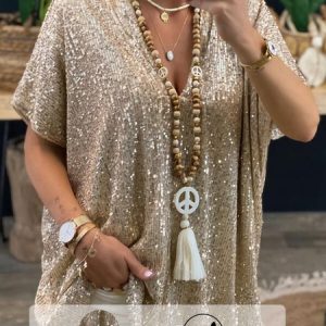 V Neck Long Sleeve Plain Glitter Regular Micro-Elasticity Loose Shirt For Women, Blouses, color:Golden|size:XXL, Noracora