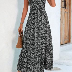 Women Small Floral V Neck Sleeveless Comfy Casual Midi Dress, Vacation Dresses, color:Black|size:XL, Noracora
