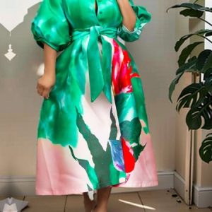 Elegant Satin Half Sleeve Floral Dress With Belt, Maxi Dresses, color:Green|size:XXL, Stylewe