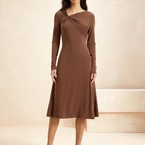 Women Plain Long Sleeve Comfy Casual Midi Dress, Dresses, color:Khaki|size:XXL, Noracora