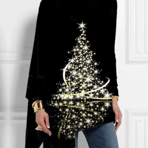 Turtleneck Long Sleeve Christmas Regular Micro-Elasticity Loose Shirt For Women, Blouses, color:Black|size:XXL, Noracora