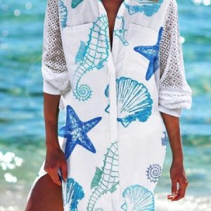 Women's Casual Marine Life Loose V neck Half Sleeve Dress, Short, color:White|size:XXL, catalog Noracora shop