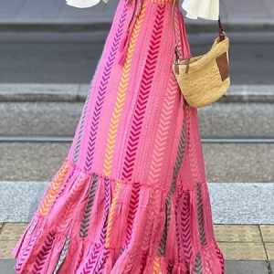 Boho Geometric H-Line Natural Maxi Skirt, Skirts, color:Rose Red|size:XXL, Noracora