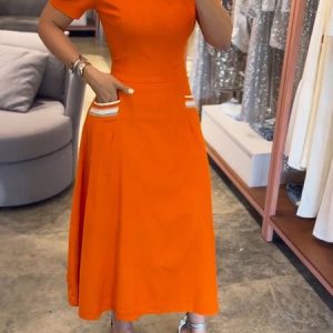 Plus Size Daily Crew Neck Regular Fit Pockets Short Sleeve Dress, Plus Dresses, color:Orange|size:4X, Stylewe