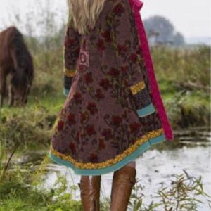 Green Floral Long Sleeve Cotton-Blend Knit coat, Coats, color:Red|size:7XL, Noracora