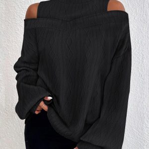 Lantern Sleeve Cold Shoulder Cable Textured Top, T-shirt & Tees, chicme - Women's Fashion Online