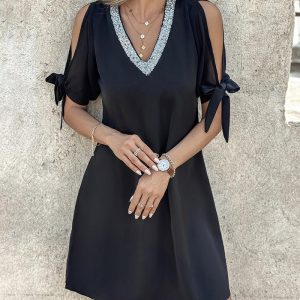 Contrast Sequin Cold Shoulder Casual Dress, Casual Dresses, chicme - Women's Fashion Online