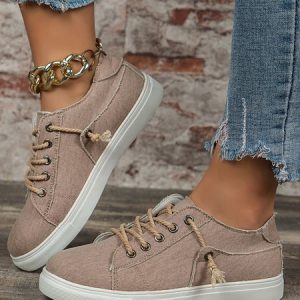 Vintage Plain Non-Slip Lace-Up Flat Heel Canvas, Sneakers&Athletic, color:Apricot|size:43, Noracora