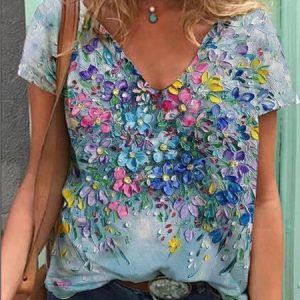 Cotton-Blend Loose Floral V Neck T-Shirts, T-shirts, color:Green|size:3XL, Noracora