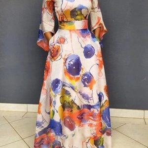 Regular Fit Abstract Crew Neck Dress, Maxi Dresses, color:Multicolor|size:XXL, Stylewe