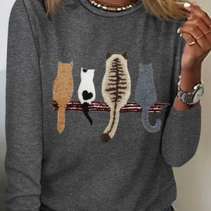 Funny Cat Cotton-Blend Crew Neck Simple Long Sleeve Shirt, Long sleeves, Lilicloth.com
