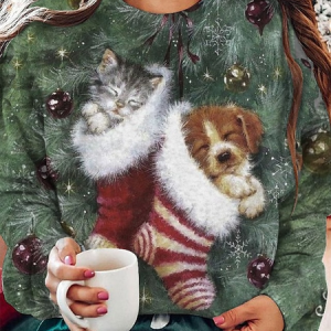 Women Christmas Lovely Animal Print Sweatshirt, JustFashionNow Sweatshirts & Hoodies, color:Green|size:XXL,