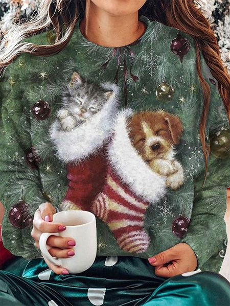 Women Christmas Lovely Animal Print Sweatshirt, JustFashionNow Sweatshirts & Hoodies, color:Green|size:XXL,