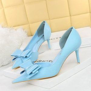 Women Bowknot Side Cutout Stiletto Heel D'orsay Pumps, Heels, color:Blue|size:40, Stylewe