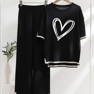 Women Heart/Cordate Crew Neck Short Sleeve Comfy Casual Top With Pants Two-Piece Set, Sets, color:Black|size:XL, Noracora