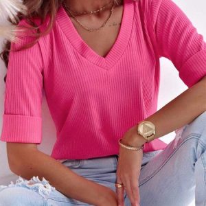 Women's Casual Pink Plain V Neck Half Sleeve Soft Comfy T-shirt, T-shirts, color:Deep Pink|size:XXL, Noracora